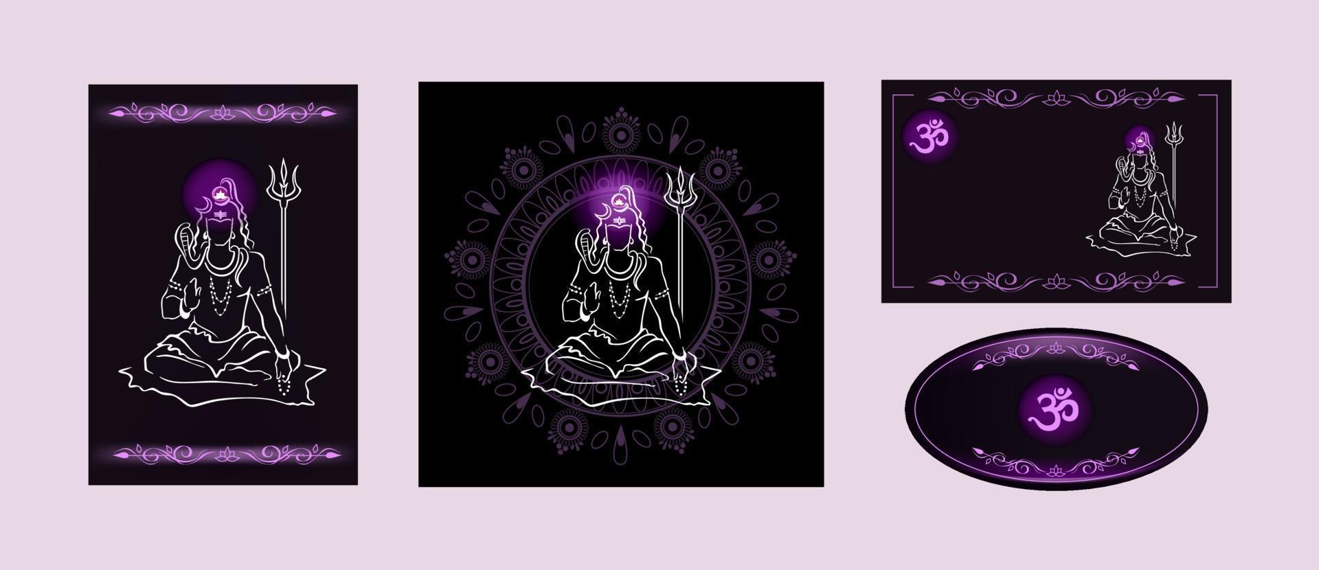 Shiva, Hindu god, giving blessing, with shiny Sahasrara crown chakra. Set of designs. Elegant black hand drawn vector elements for prints