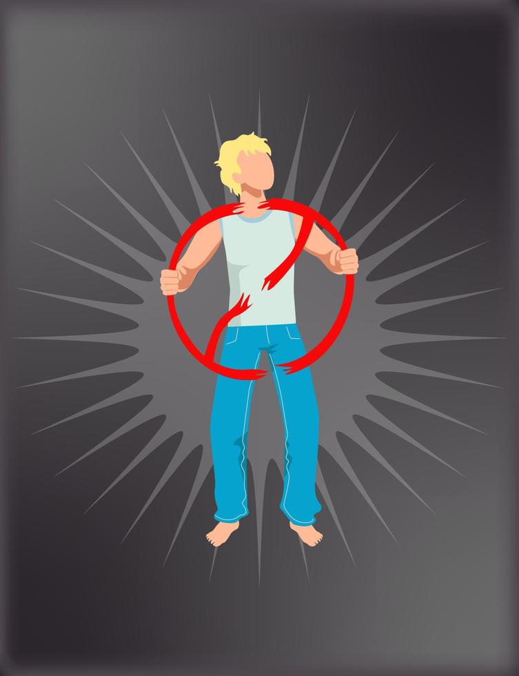 Young fit man in blue jeans, head up, protests alone tearing up red prohibition sign. Editable rebelling young adult, student, forbidden pride, strike, election, rally, concept prints, ads, call vector