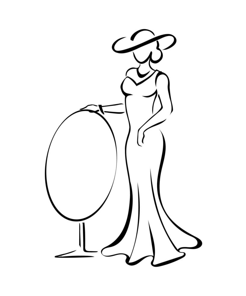 bonito contorno de una dama esbelta y deslumbrante con un vestido formal de noche, un sombrero de ala ancha, de pie con la mano en el gran espejo ovalado. boceto dibujado a mano de figura femenina, concepto de belleza, feminidad, moda vector