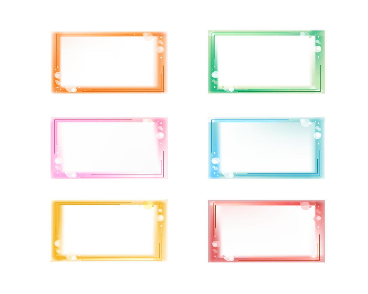 Set of colorful horizontal fantasy glowing blurred frame templates, copyspace, bubbles or flares, glass effect on edges. Cute elegant pastel editable design elements isolated on white for prints, web vector