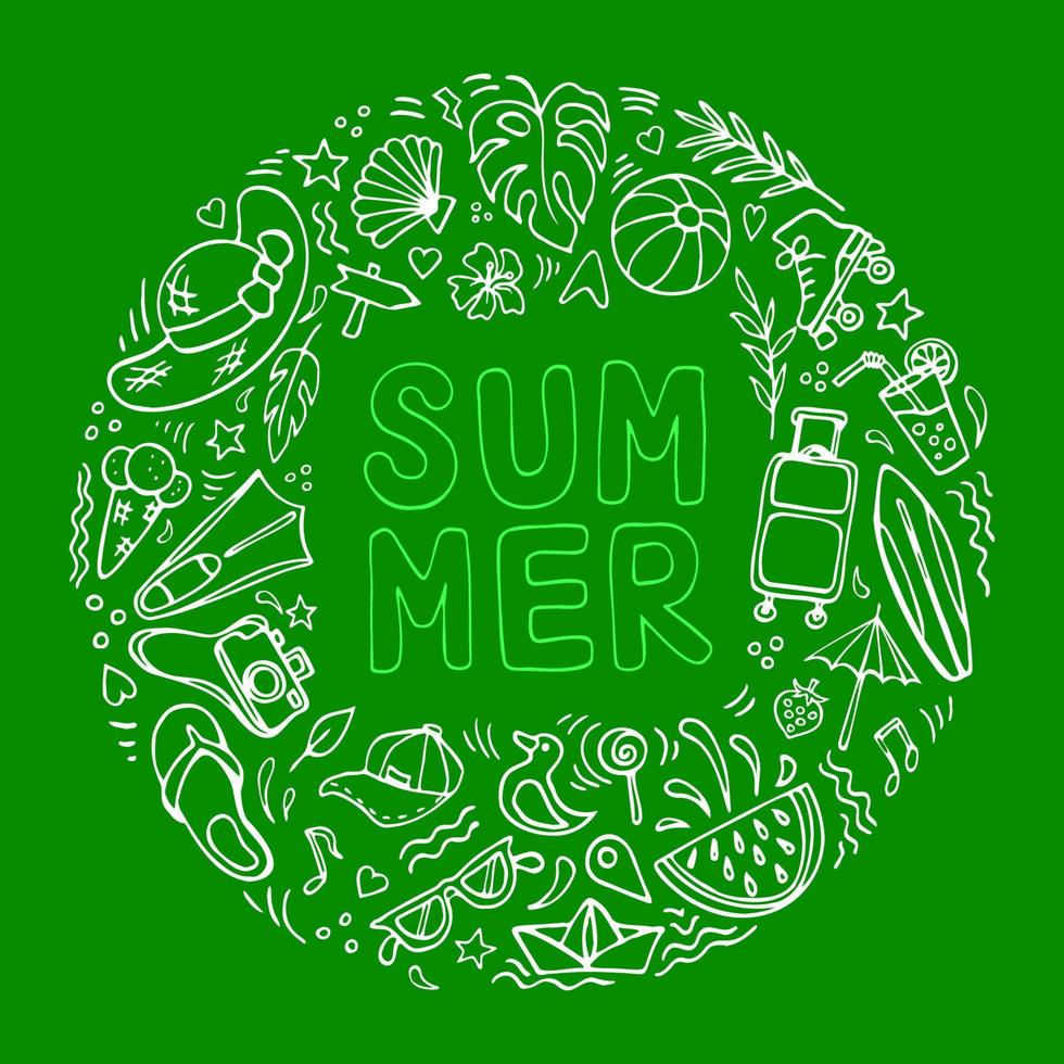 los símbolos de verano garabatean la composición del círculo y las letras sobre fondo verde. varios objetos de vacaciones, imágenes incompletas, tema de resort de verano. elementos de diseño dibujados a mano para impresiones vector