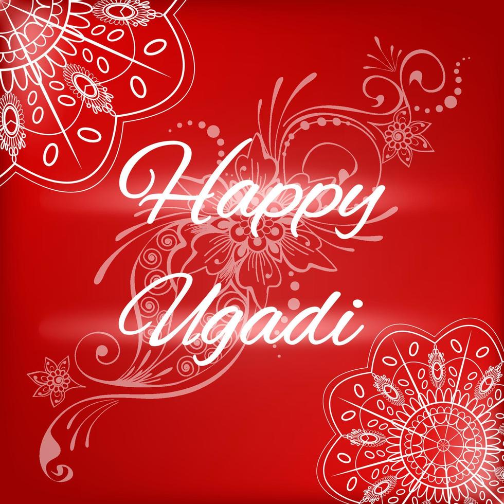 Happy Ugadi, Hindu New Year festival greeting. Ethnic Indian white kolam rangoli style mandalas, floral paisley design on dark-red background for print, card, poster, web vector