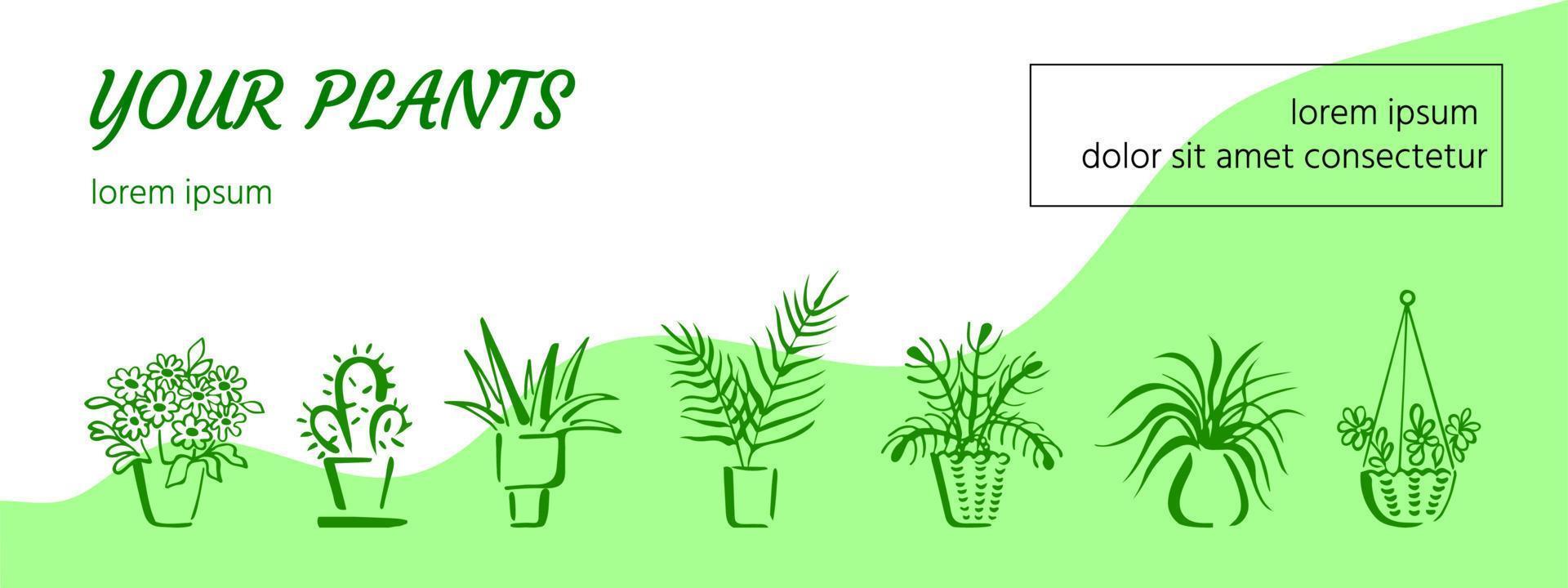 Green banner or header with various potted room plants. Sketchy vector design element with image, text, and copyspace for web, prints