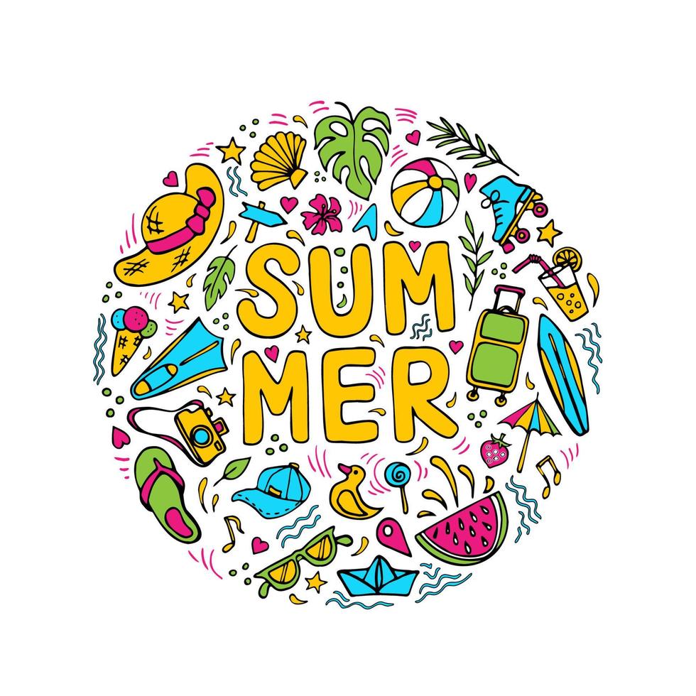 Summertime symbols doodle circle composition and lettering. Various vacation objects, cartoon pictures, summer resort theme. Hand drawn design elements, social media stickers, etc vector