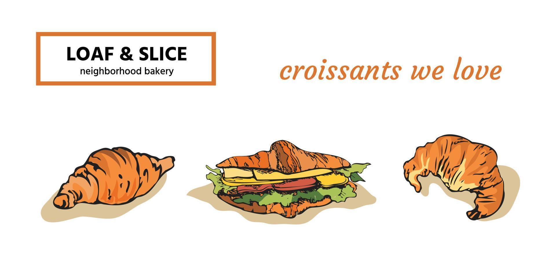 Colorful sketchy croissants, with and without stuffing, various shapes. Retro style. Collection of realistic isolated hand drawn design elements vector