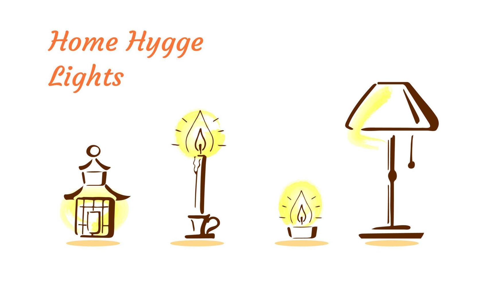 Home hygge, cosy interior objects, lights for relax mood. Hand-drawn brush doodles of lantern, tealight, candle, lamp vector