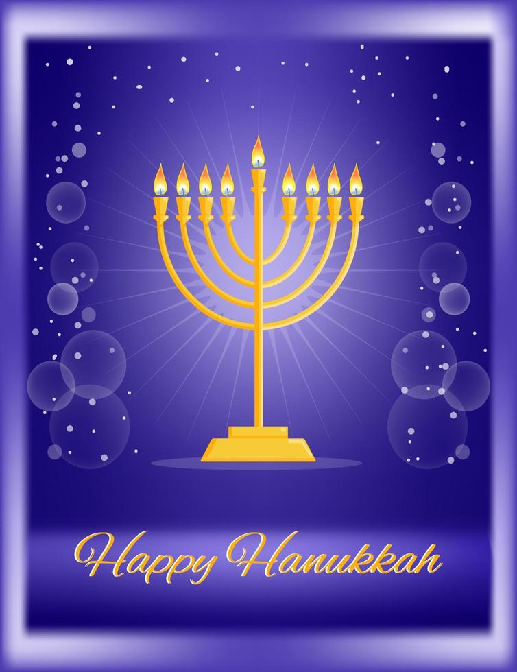 candelabro de hanukkiah dorado con velas encendidas sobre fondo de bokeh degradado brillante azul oscuro con rayos y estrellas, saludo para el festival religioso judío de luz y dedicación, palabras feliz hanukkah vector