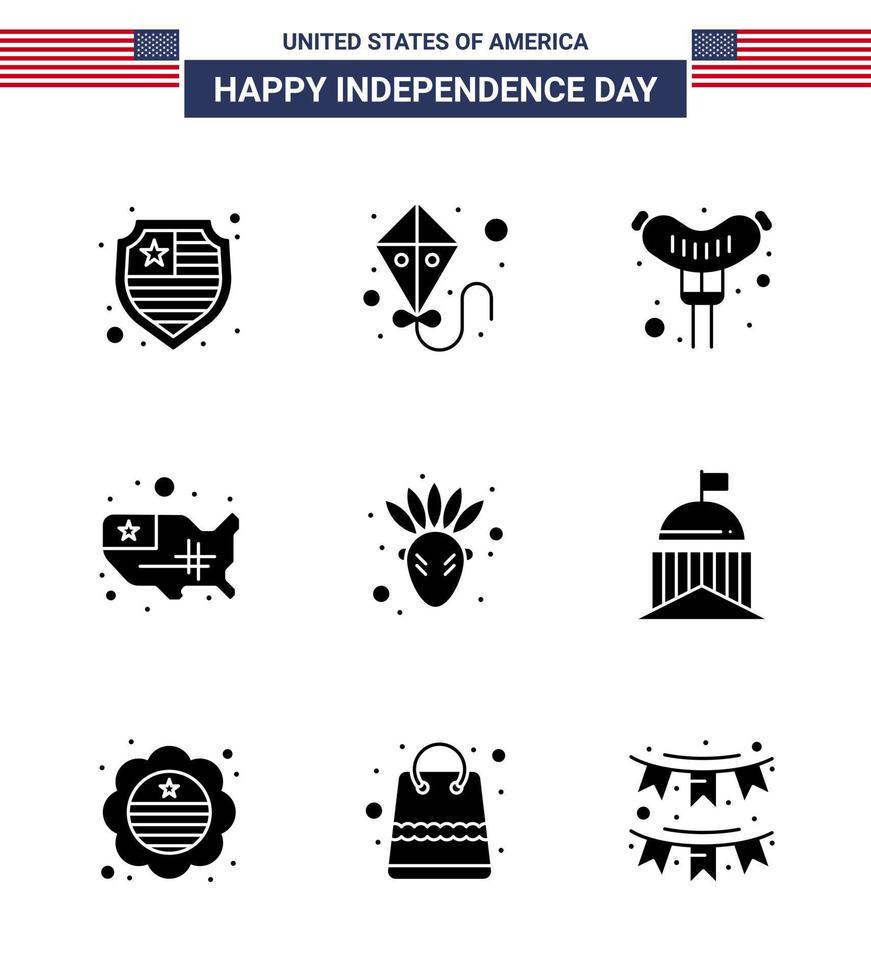 Set of 9 USA Day Icons American Symbols Independence Day Signs for flag thanksgiving sausage native american usa Editable USA Day Vector Design Elements