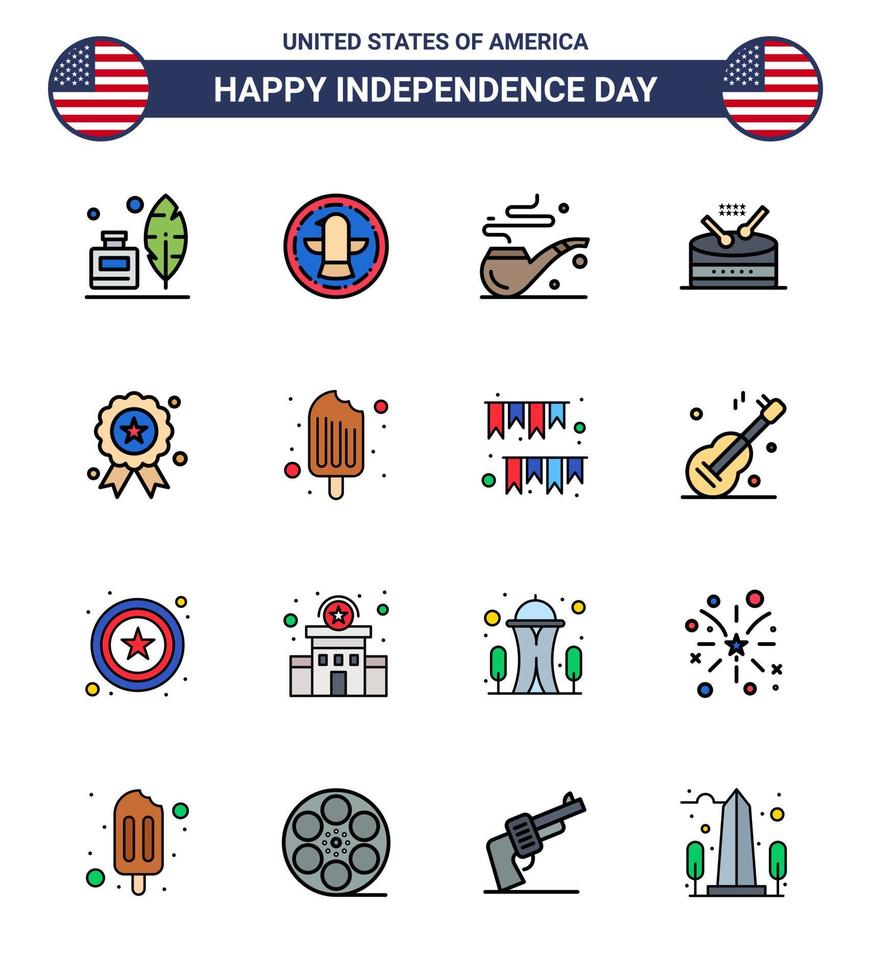 Pack of 16 USA Independence Day Celebration Flat Filled Lines Signs and 4th July Symbols such as independence day holiday pipe parade instrument Editable USA Day Vector Design Elements