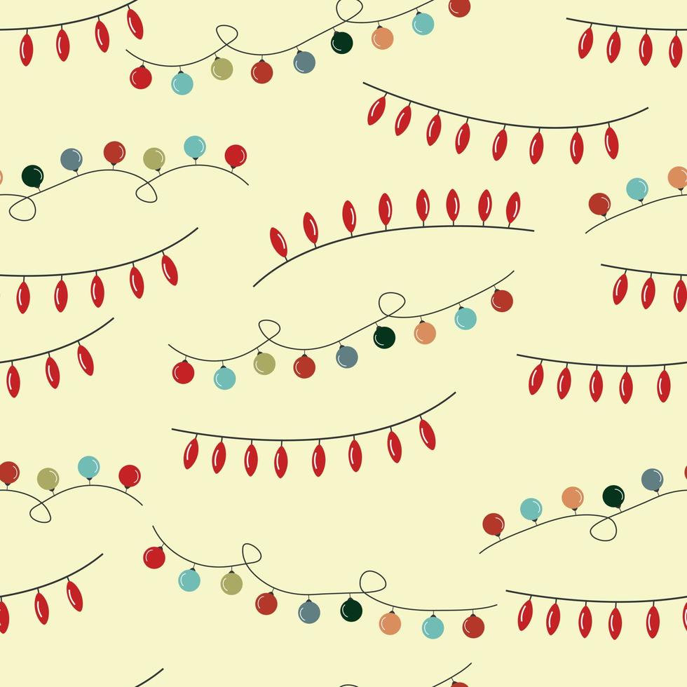 luces navideñas de patrones sin fisuras, ilustración vectorial de guirnaldas festivas sobre fondo pastel vector