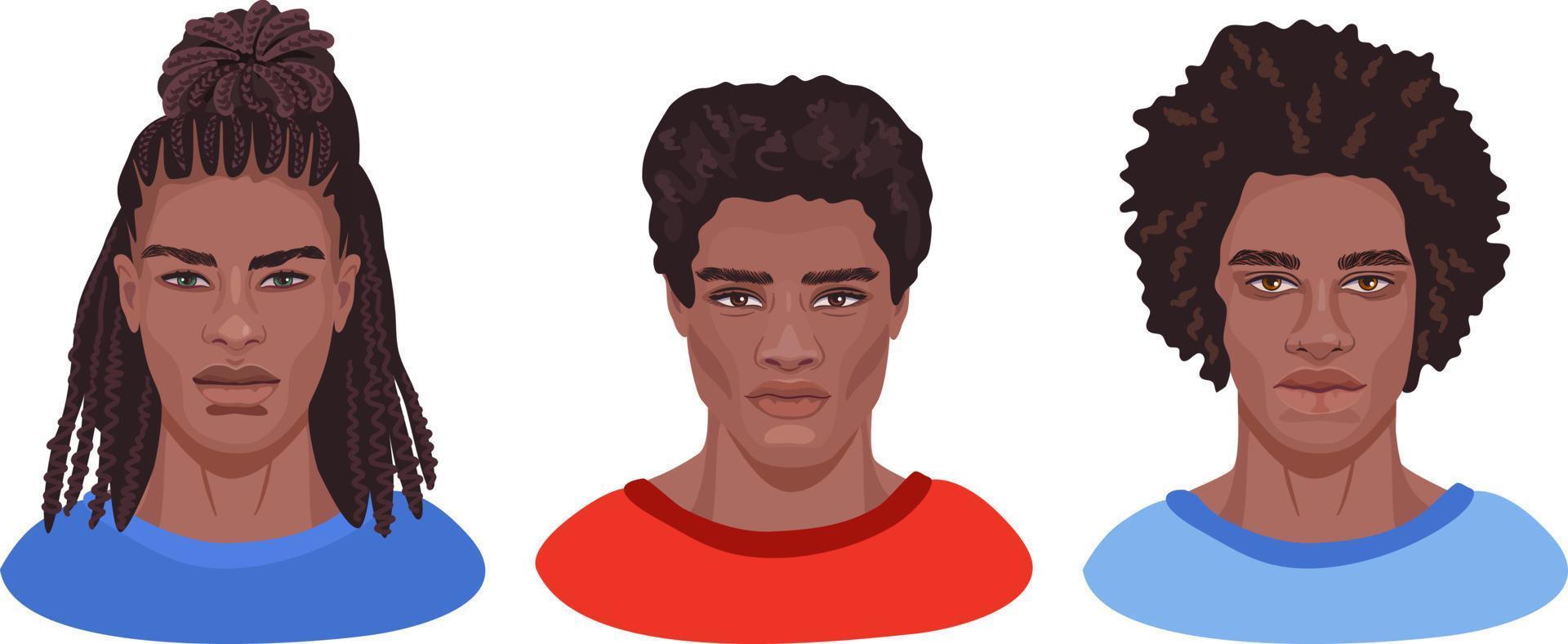 un conjunto de retratos masculinos detallados con diferentes peinados. apuestos hombres africanos en la cabeza adecuados para los avatares de las redes sociales. vector