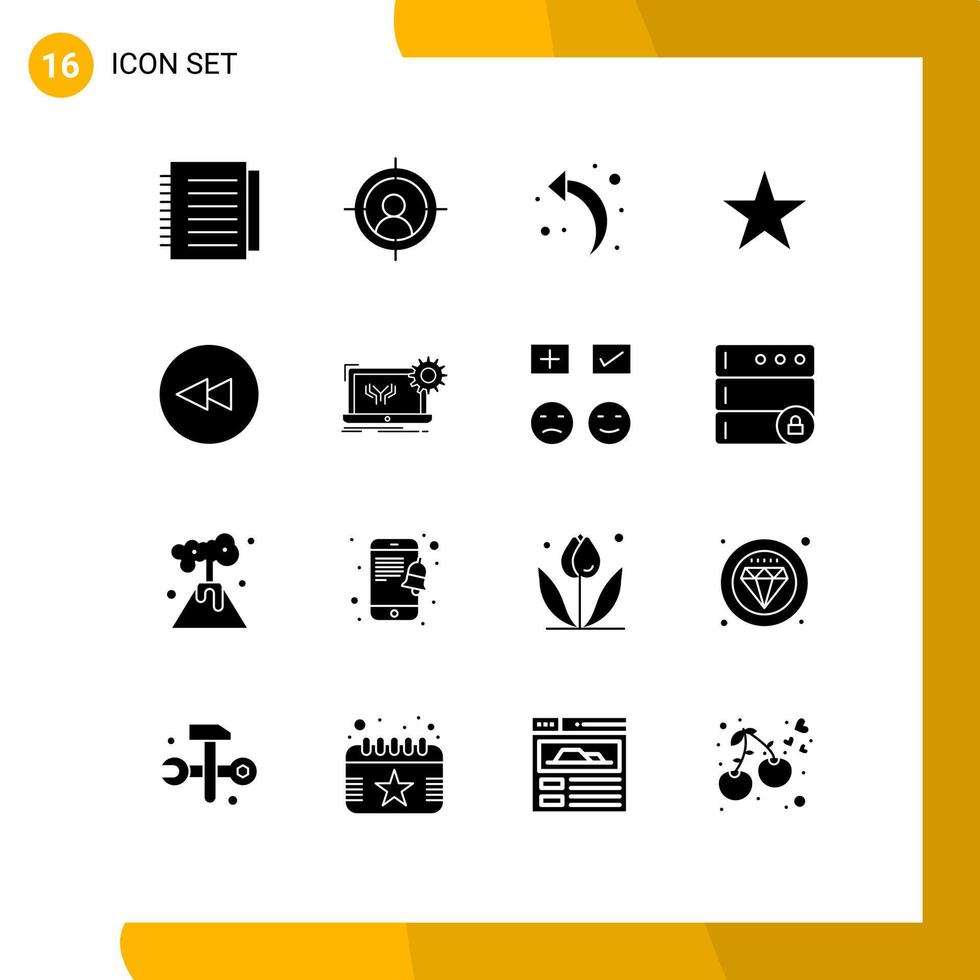 Modern Set of 16 Solid Glyphs and symbols such as circuit rewind back circle media Editable Vector Design Elements