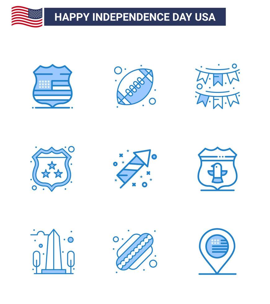 9 signos azules de estados unidos celebración del día de la independencia símbolos de celebración escudo guirnalda de seguridad estadounidense elementos de diseño vectorial editables del día de estados unidos vector