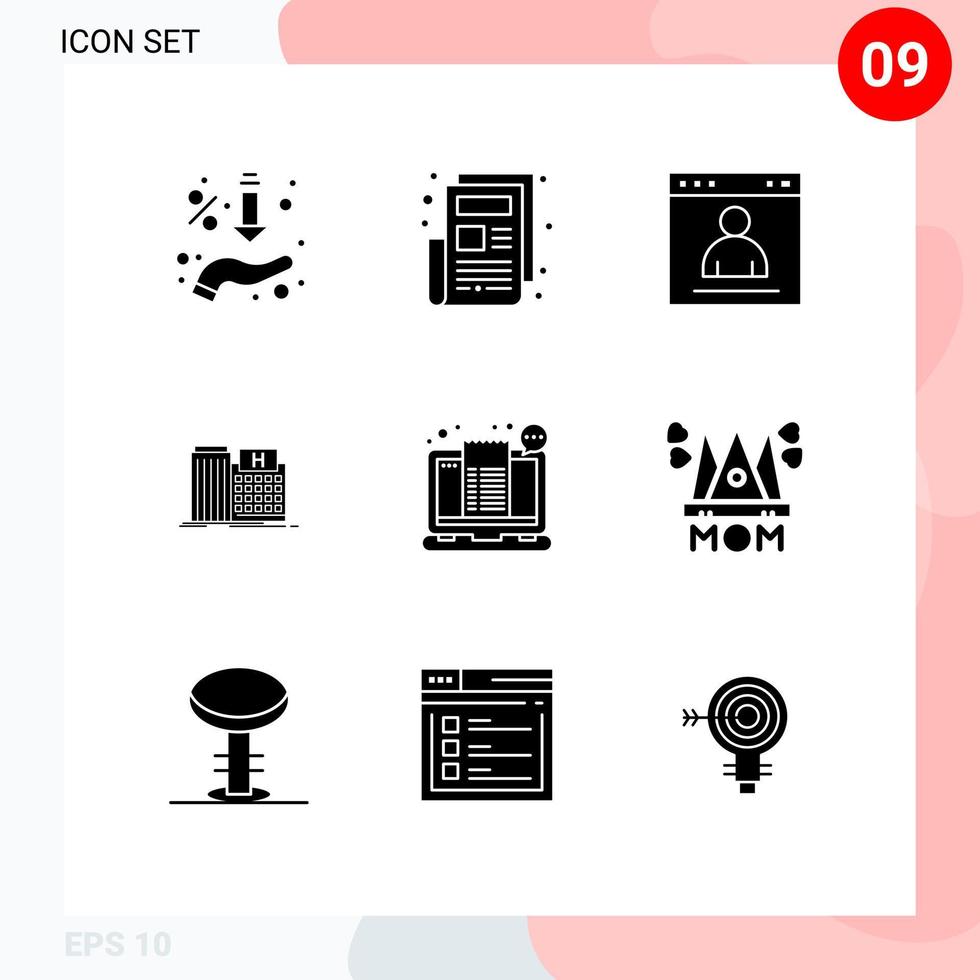 Modern Set of 9 Solid Glyphs Pictograph of clinic medical browser healthcare profile Editable Vector Design Elements