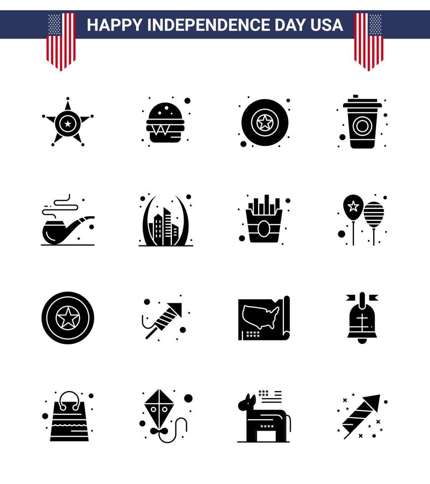 Set of 16 Vector Solid Glyphs on 4th July USA Independence Day such as arch smoke badge pipe cola Editable USA Day Vector Design Elements