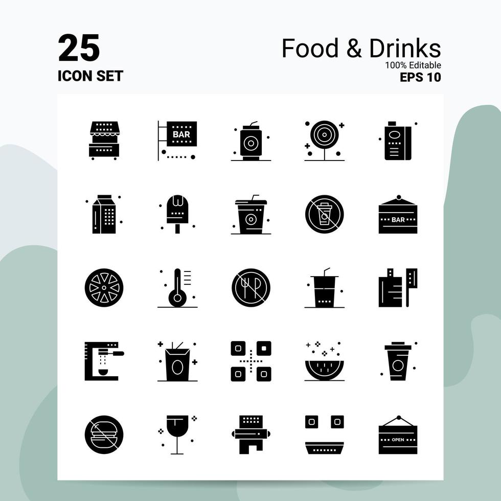 25 Food Drinks Icon Set 100 Editable EPS 10 Files Business Logo Concept Ideas Solid Glyph icon design vector