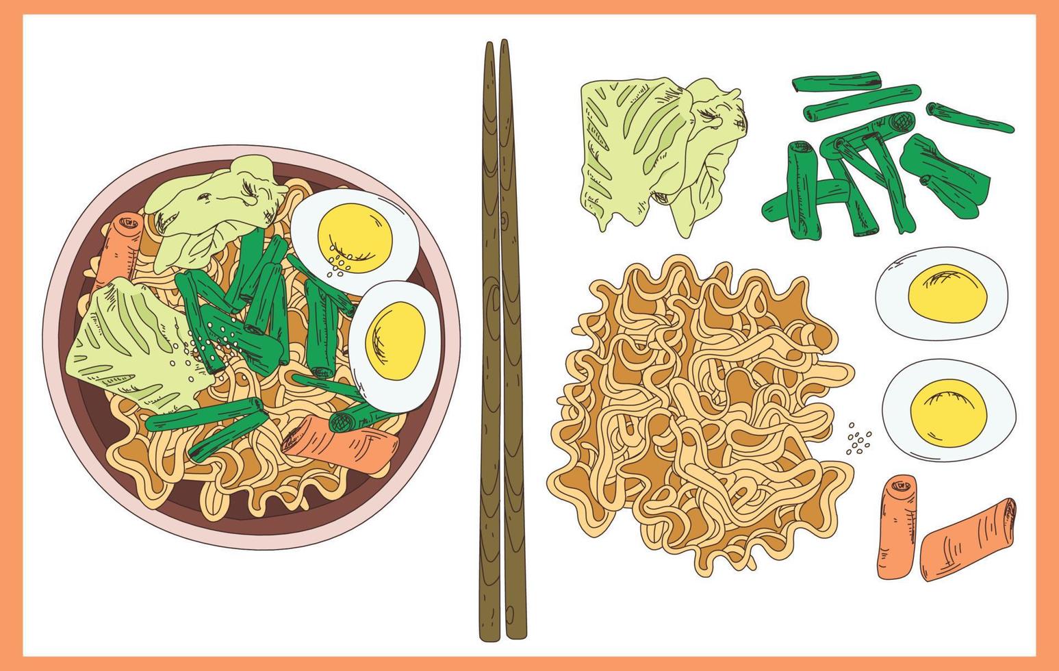 A bowl of ramen and chopsticks. Sketch. Vector illustration. Chicken Thukpa noodle soup ingredients, recipe. Engraved style. Noodles in bowl. Asian fast food noodle soup. Tom Yam Fo Udon Kimchi