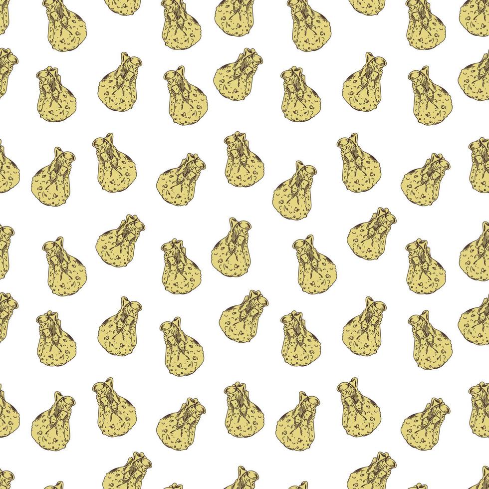 Dumplings seamless pattern. Wontons, Baozi, Jiaozi, Dimsams - options for Chinese dumplings. Asian cuisine. Doodle. Suitable for wallpapers, web page backgrounds, surface textures, textiles. vector