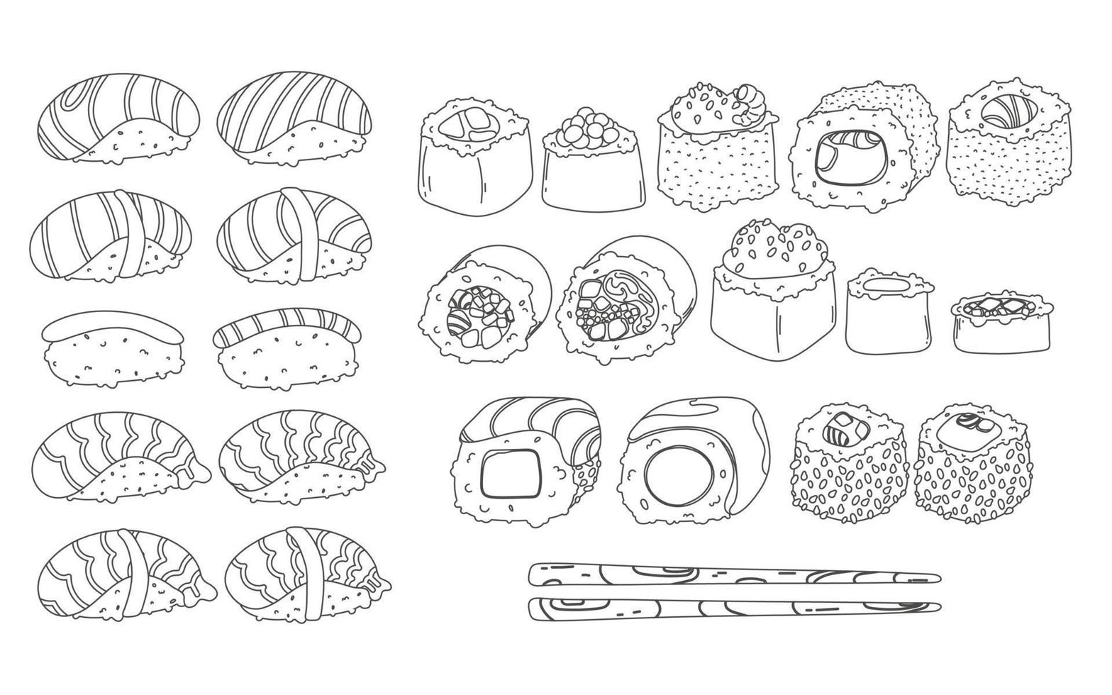 sushi y rollos en estilo garabato. platos de cocina tradicional japonesa - nigiri, temaki, tamago, sashimi, uramaki, futomaki. dibujo vectorial aislado en fondo blanco para el menú del restaurante asiático. vector