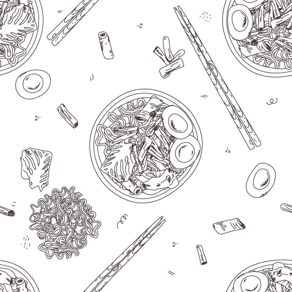 seamless pattern ramen and chopsticks. Sketch. Vector illustration. Chicken Thukpa noodle soup. Engraved style. Noodles in bowl. Asian fast food Ramen noodle soup. Tom Yam Fo Udon Kimchi