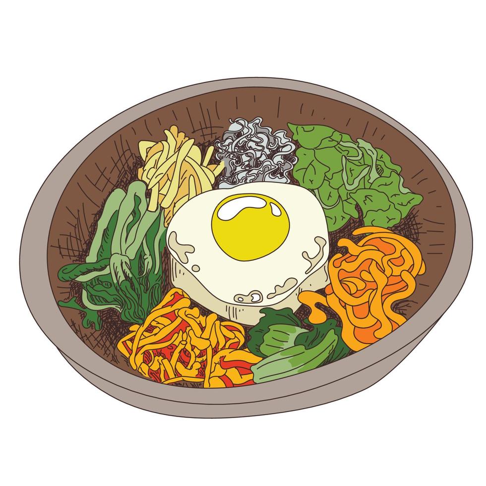 ilustración de bibimbap de comida coreana dibujada a mano. ilustración vectorial de una receta de bibimbap. plato tradicional coreano bibimbap con huevo frito, calamares, gambas, pepino, brotes de soja y algas. comida asiática. vector