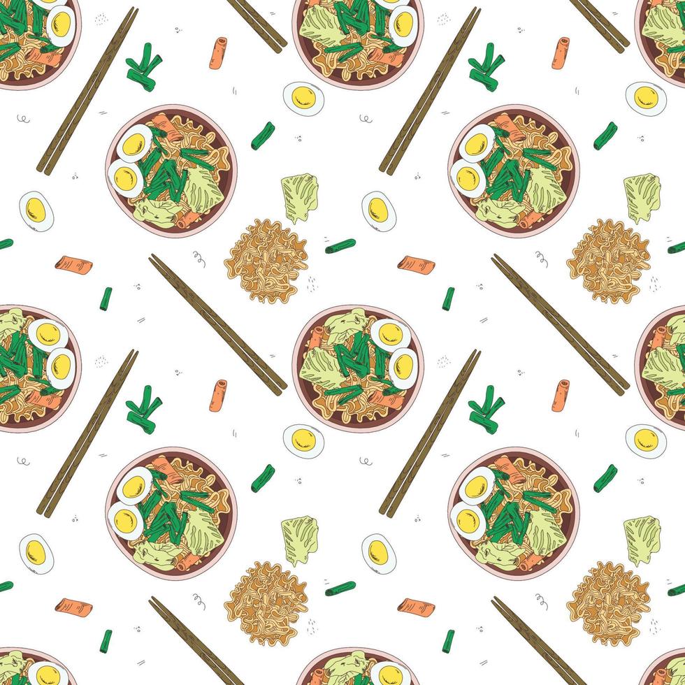 seamless pattern ramen and chopsticks. Sketch. Vector illustration. Chicken Thukpa noodle soup. Engraved style. Noodles in bowl. Asian fast food Ramen noodle soup. Tom Yam Fo Udon Kimchi