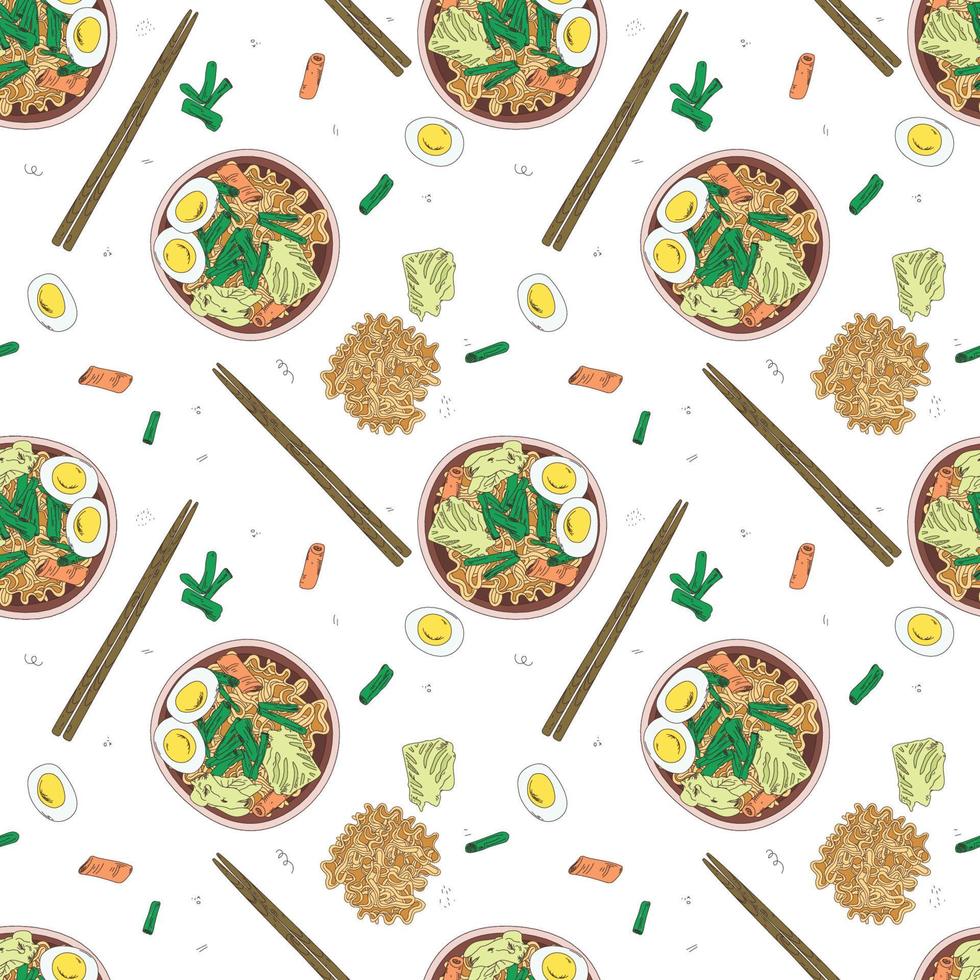 seamless pattern ramen and chopsticks. Sketch. Vector illustration. Chicken Thukpa noodle soup. Engraved style. Noodles in bowl. Asian fast food Ramen noodle soup. Tom Yam Fo Udon Kimchi