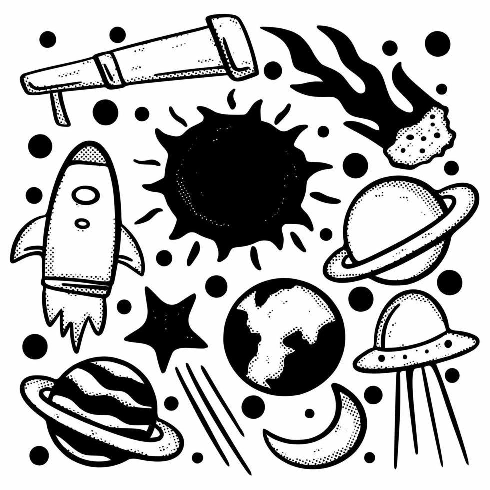 Collection set space sketch doodle Illustration hand drawn black and white vector