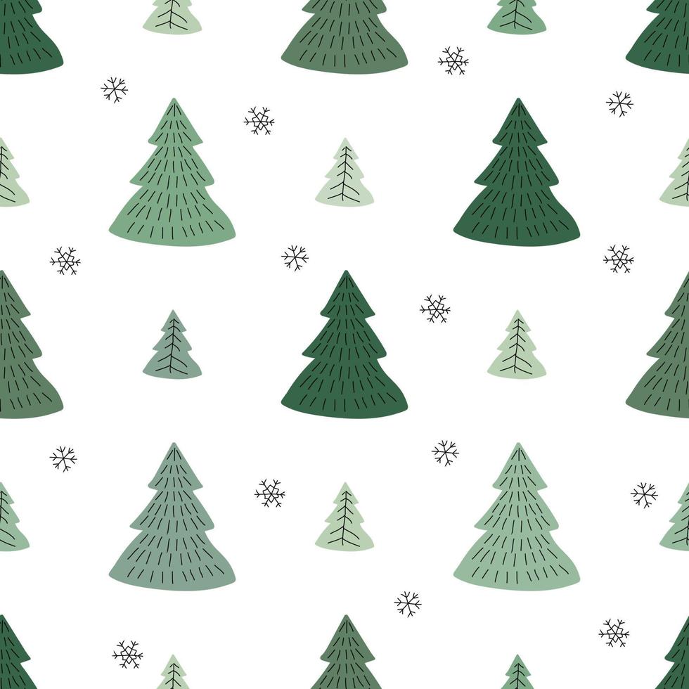 Winter, Merry christmas vector seamless pattern with simple minimalist trees on dark background. Doodle forest cartoon texture for greeting cards, fabric or wrapping paper designs. Holiday, new year