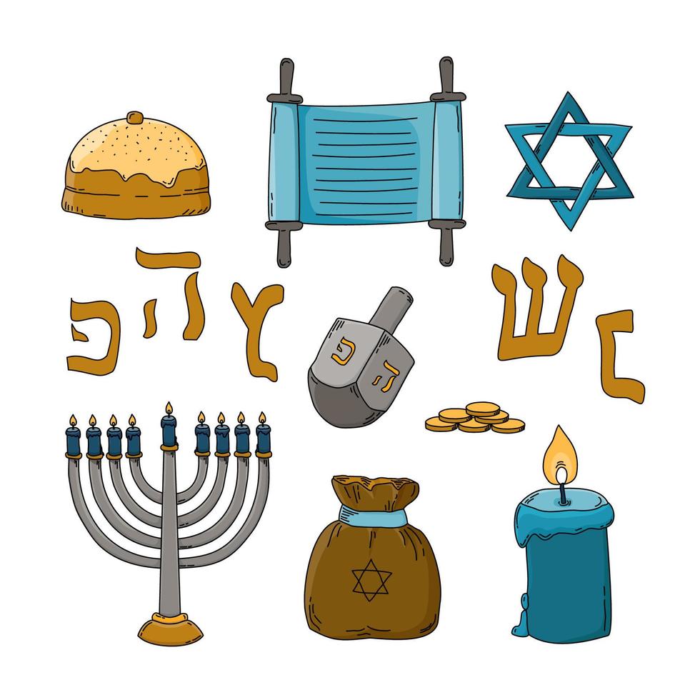 Hanukkah traditional jewish holiday hand drawn symbols set isolated background. Vector illustration in the flat style