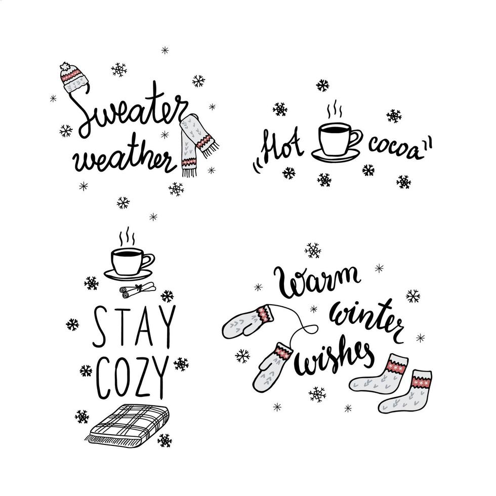 Set text black and white illustration. The letters are hand-drawn in calligraphy. Text black-and-white illustration. Isolated on a white background with simple snowflakes vector