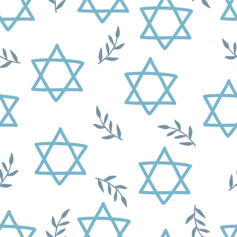 Seamless abstract vector pattern with hand drawn star of David motive and olive branch. Vector illustration