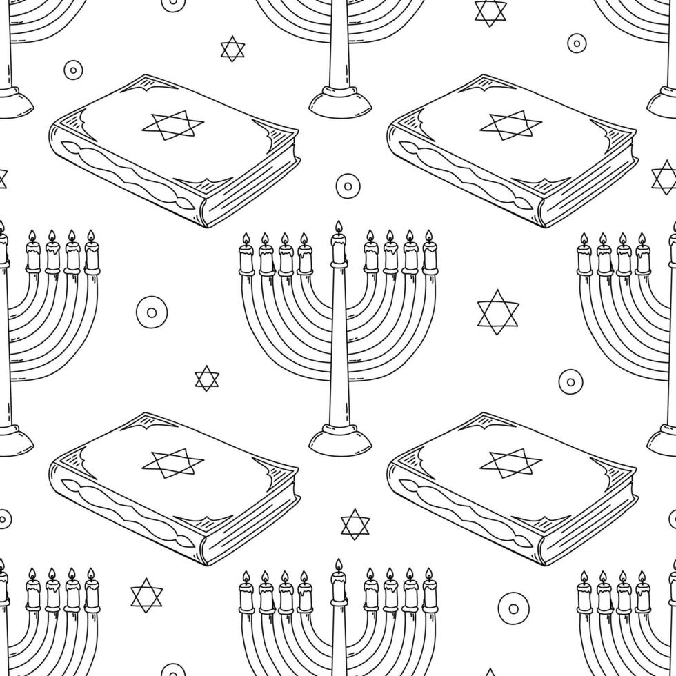 Hanukkah black and white seamless pattern with menorah and torah. Vector hand drawn illustration.