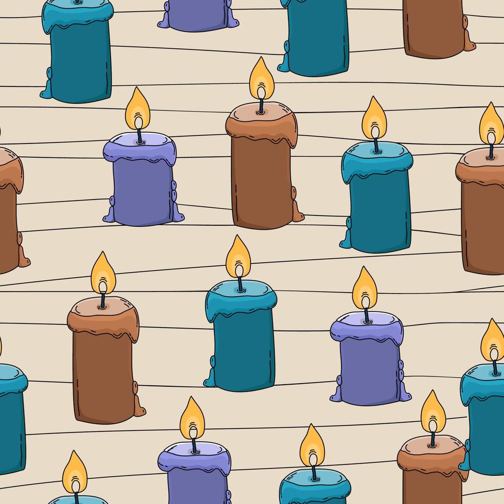 velas dibujadas a mano de patrones sin fisuras. velas encendidas multicolores con líneas en el fondo. celebración, telón de fondo de postal de saludo. ilustración vectorial vector