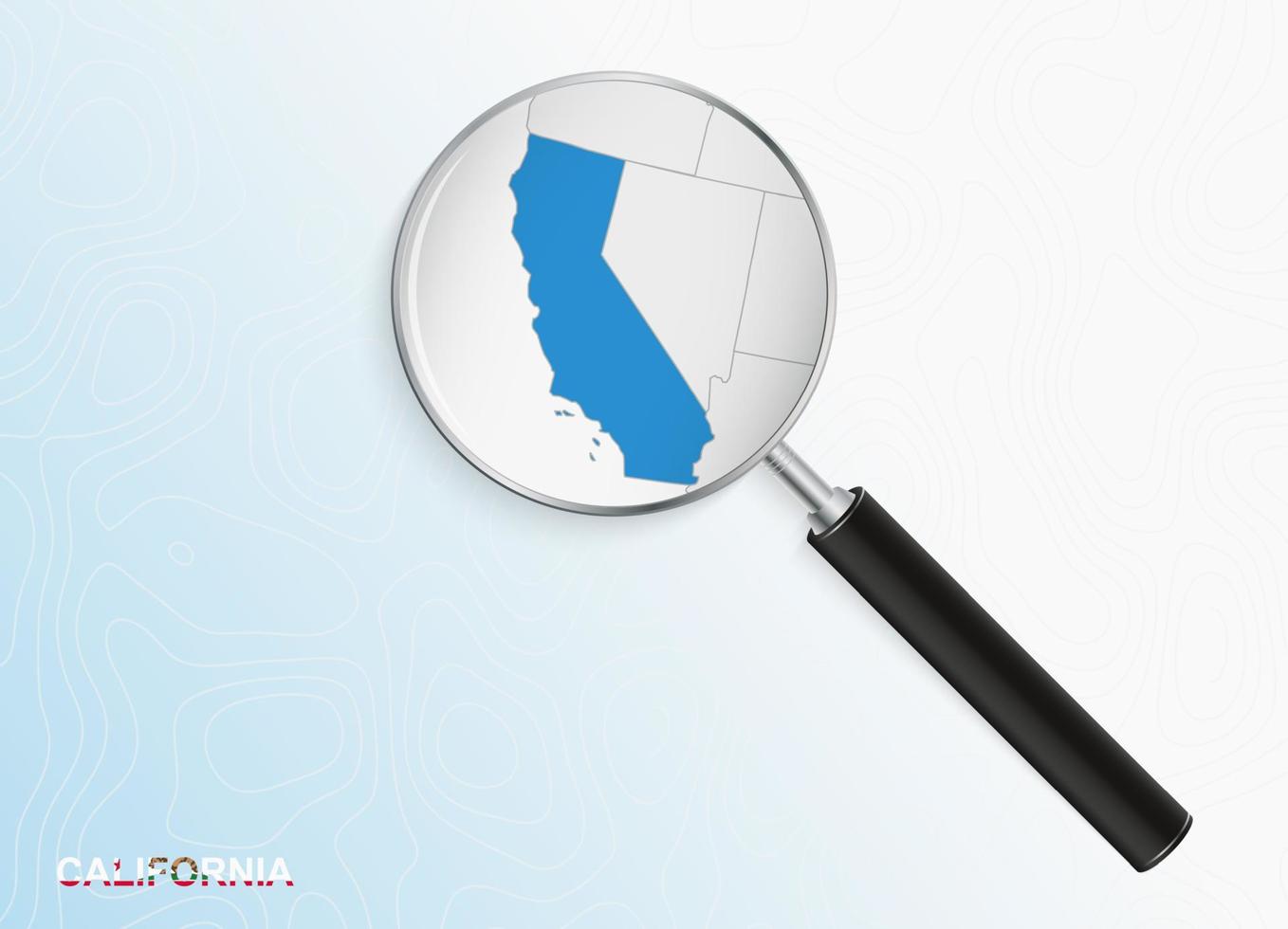 Magnifier with map of California on abstract topographic background. vector