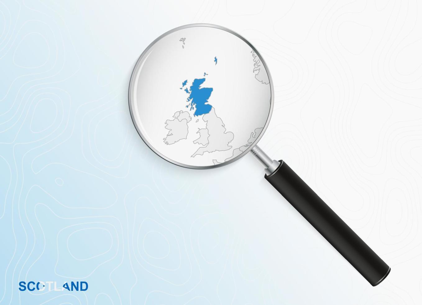 Magnifier with map of Scotland on abstract topographic background. vector