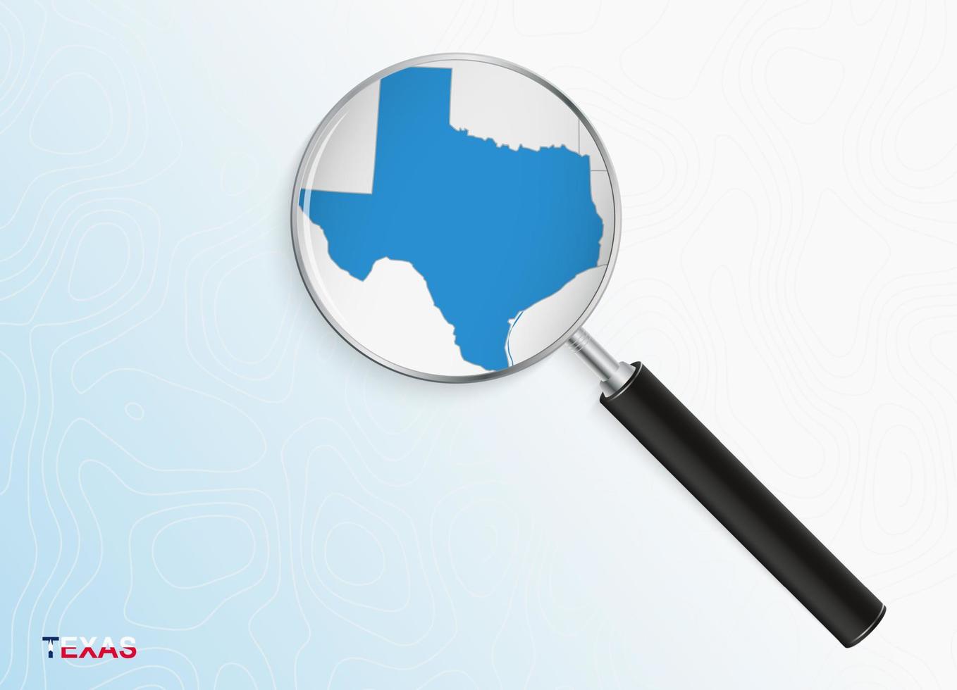 Magnifier with map of Texas on abstract topographic background. vector