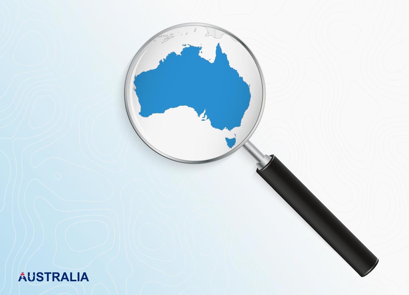 Magnifier with map of Australia on abstract topographic background. vector