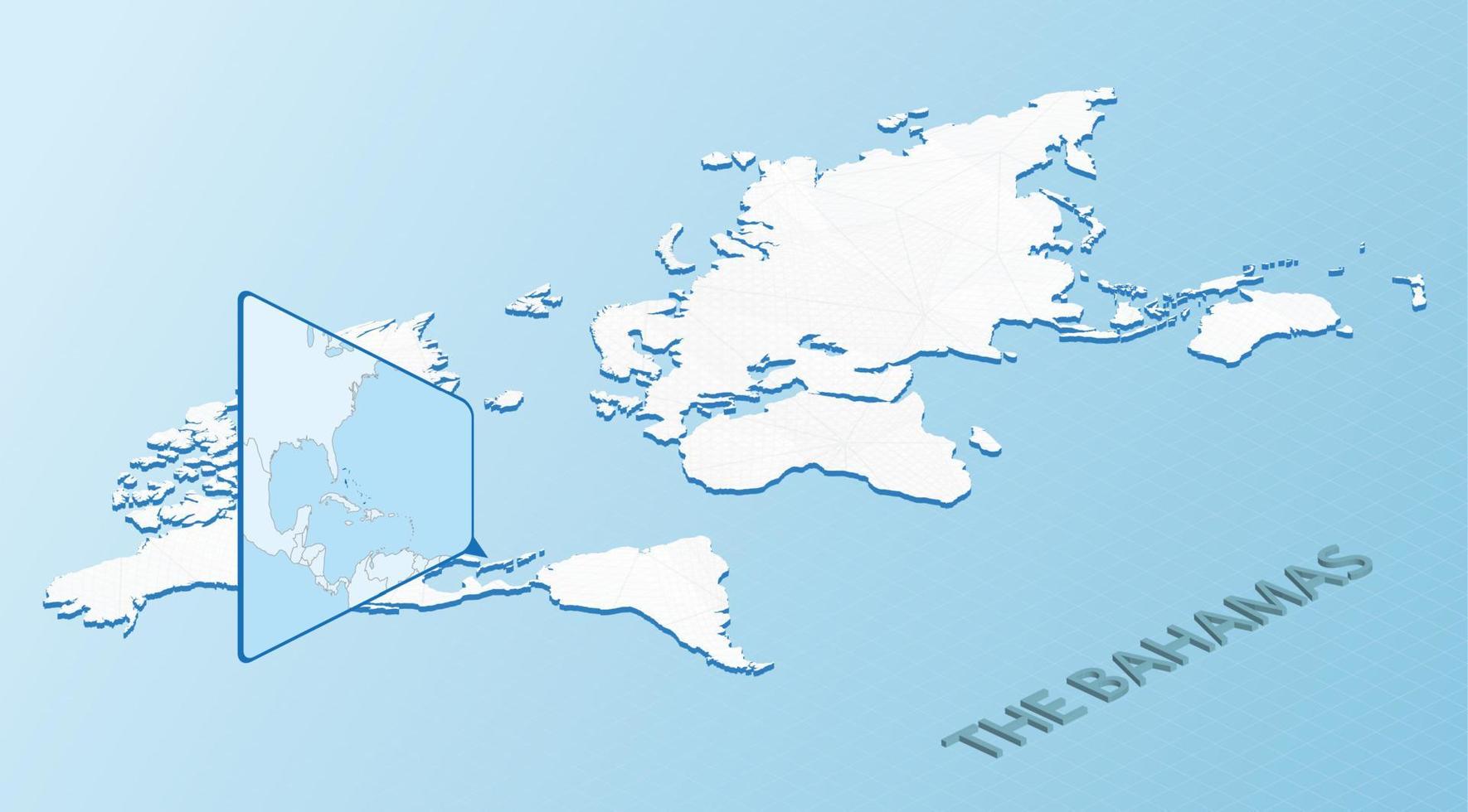 mapa mundial en estilo isométrico con mapa detallado de las bahamas. azul claro el mapa de bahamas con un mapa del mundo abstracto. vector
