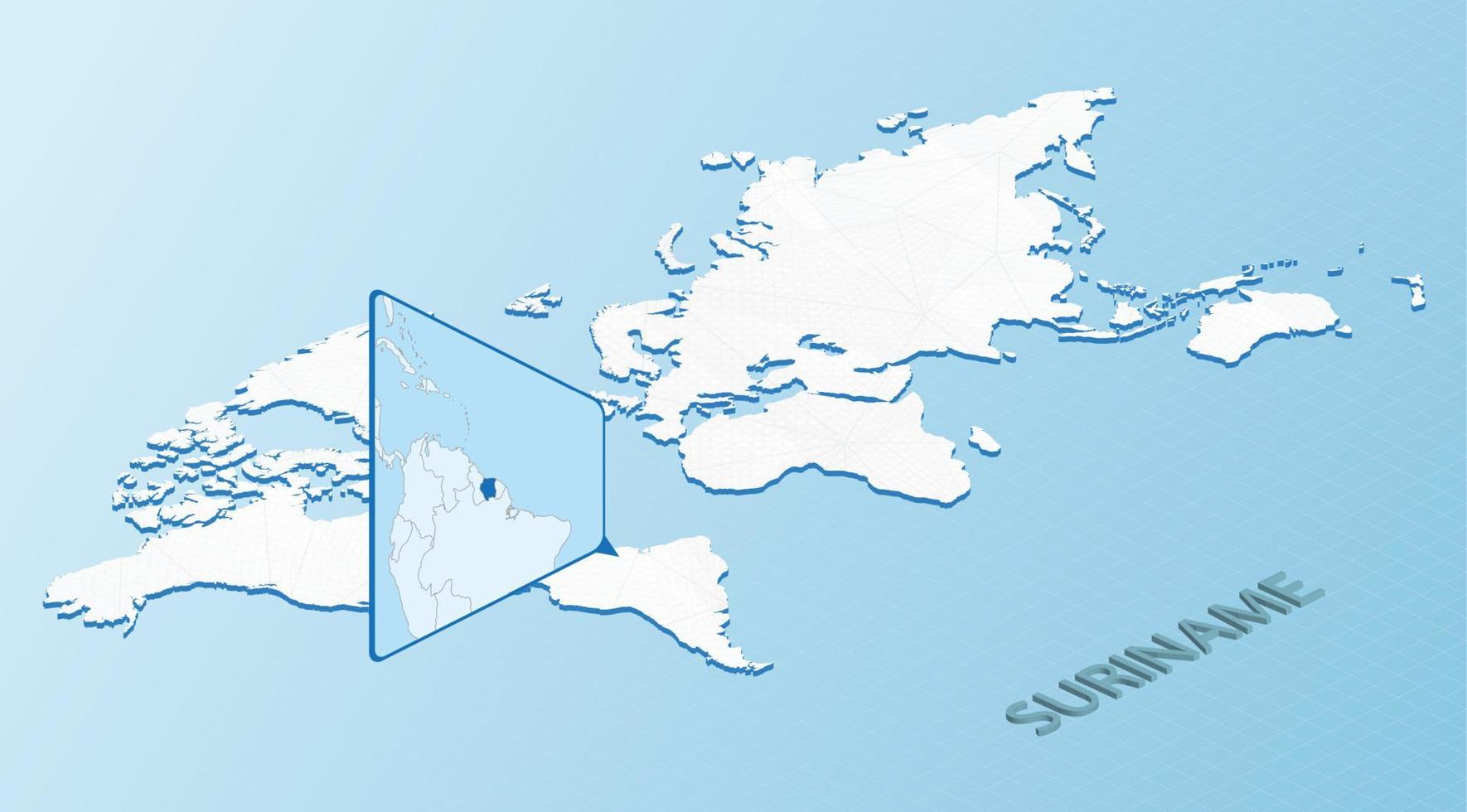 mapa mundial en estilo isométrico con mapa detallado de surinam. mapa azul claro de surinam con mapa del mundo abstracto. vector