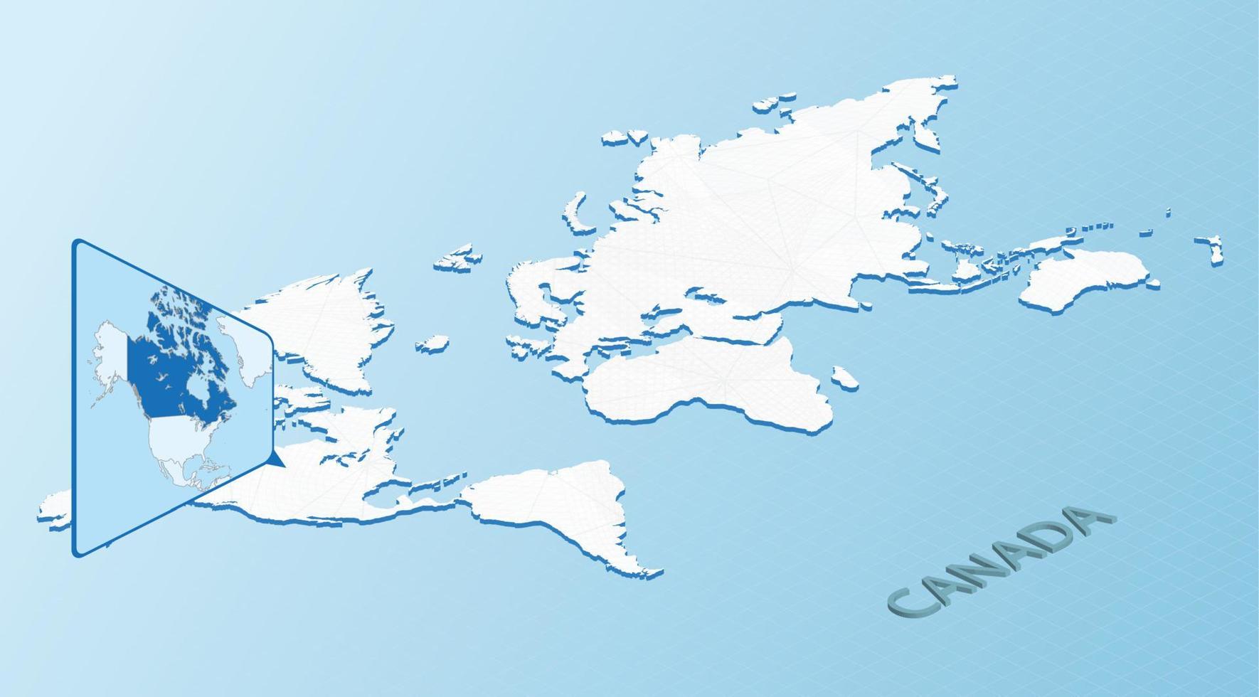 World Map in isometric style with detailed map of Canada. Light blue