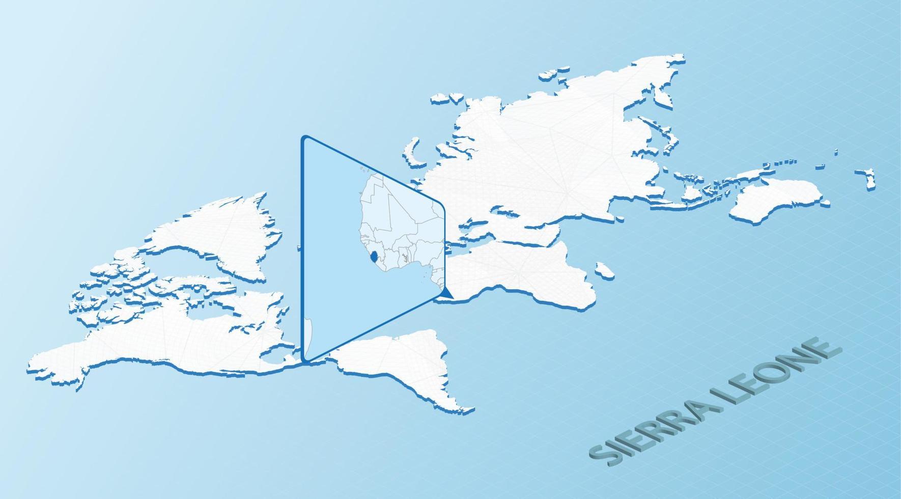 mapa mundial en estilo isométrico con mapa detallado de sierra leona. mapa azul claro de sierra leona con mapa del mundo abstracto. vector