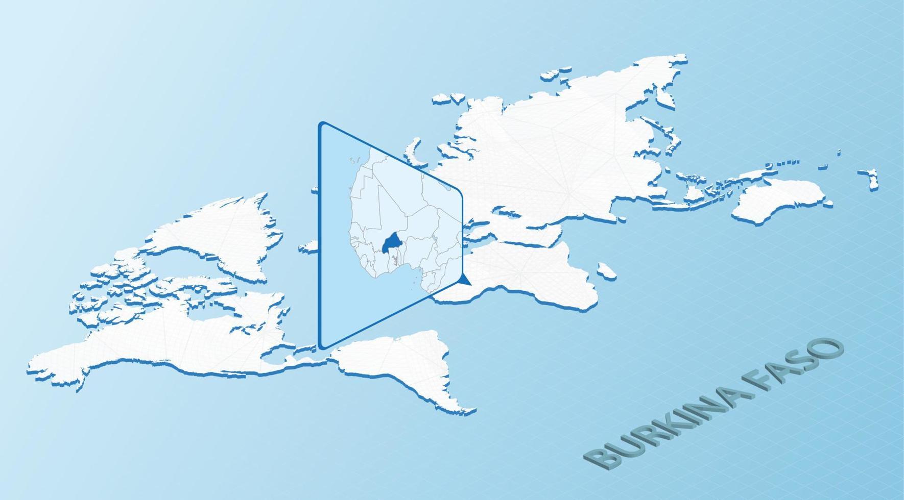mapa mundial en estilo isométrico con mapa detallado de burkina faso. mapa azul claro de burkina faso con mapa del mundo abstracto. vector