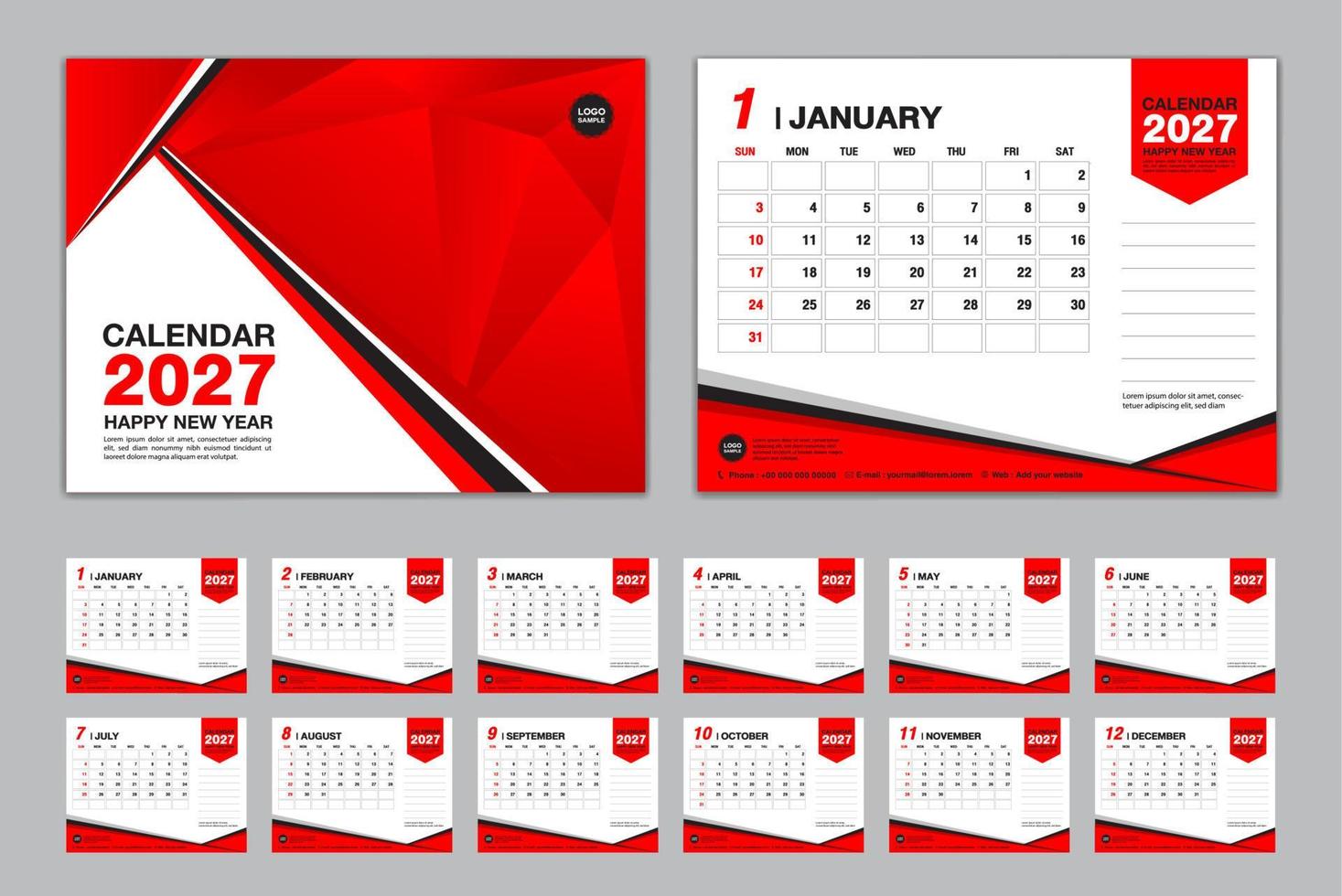 Calendar 2027 template set vector, Week starts Sunday, set of 12 month, Desk calendar 2027 year, wall calendar 2027, planner,  business template, Stationery, printing media, Red polygon background vector