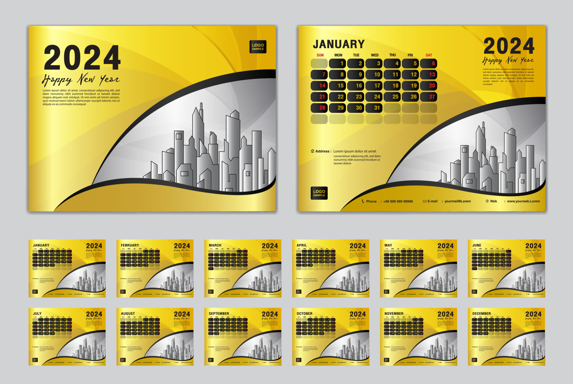 Calendar 2024 template set vector, Week starts Sunday, set of 12 month
