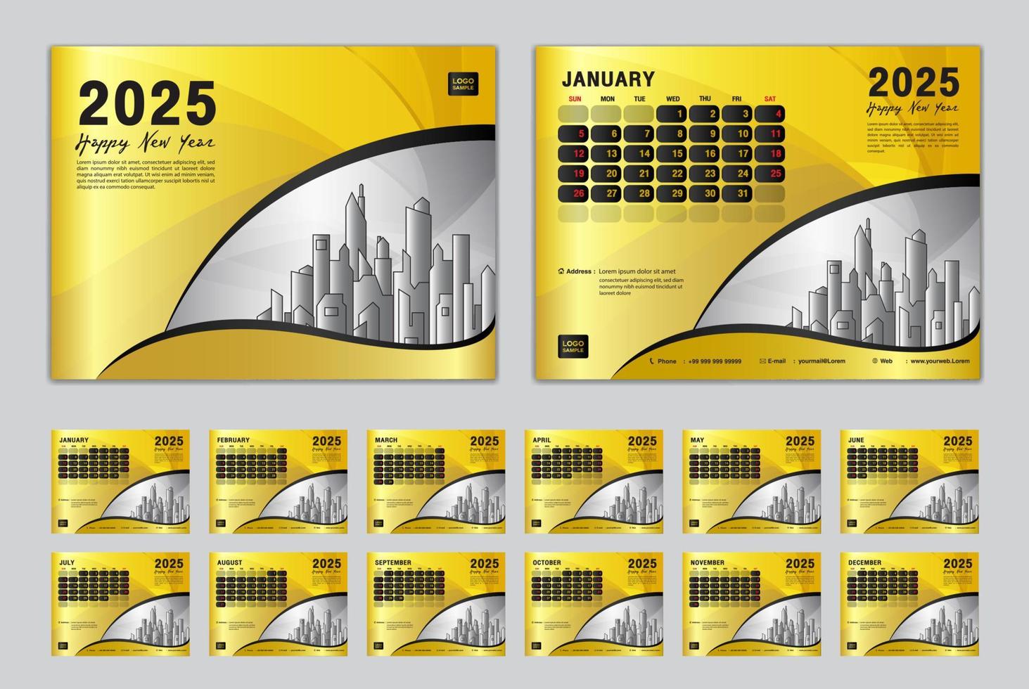 Calendar 2025 template set vector, Week starts Sunday, set of 12 month, Desk calendar 2025 year, wall calendar 2025, planner,  business template, Stationery, printing media, gold creative background vector