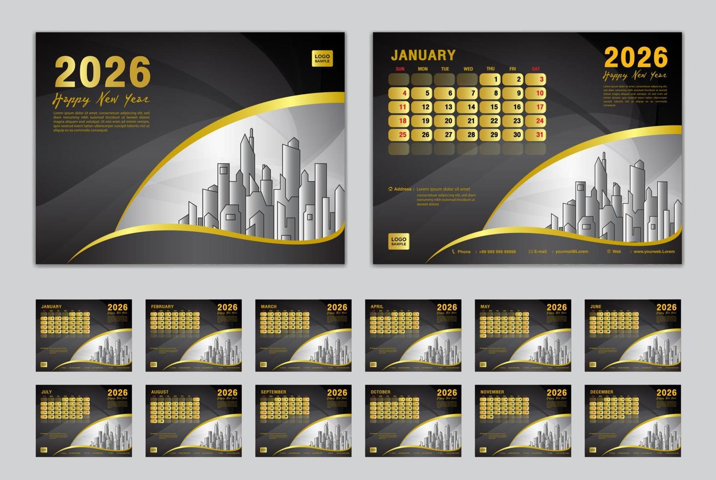 Calendar 2026 template set vector, Week starts Sunday, set of 12 month, Desk calendar 2026 year, wall calendar 2026, planner,  business template, Stationery, printing media, Black creative background vector