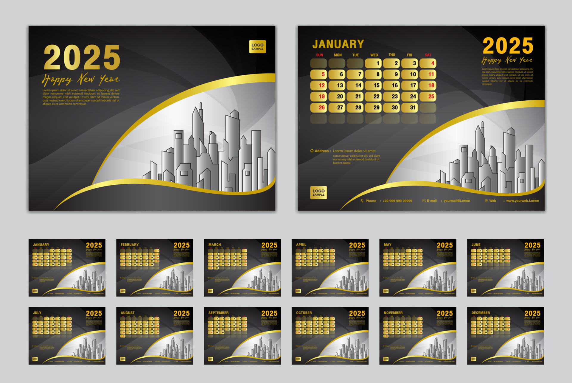 Calendar 2025 template set vector, Week starts Sunday, set of 12 month