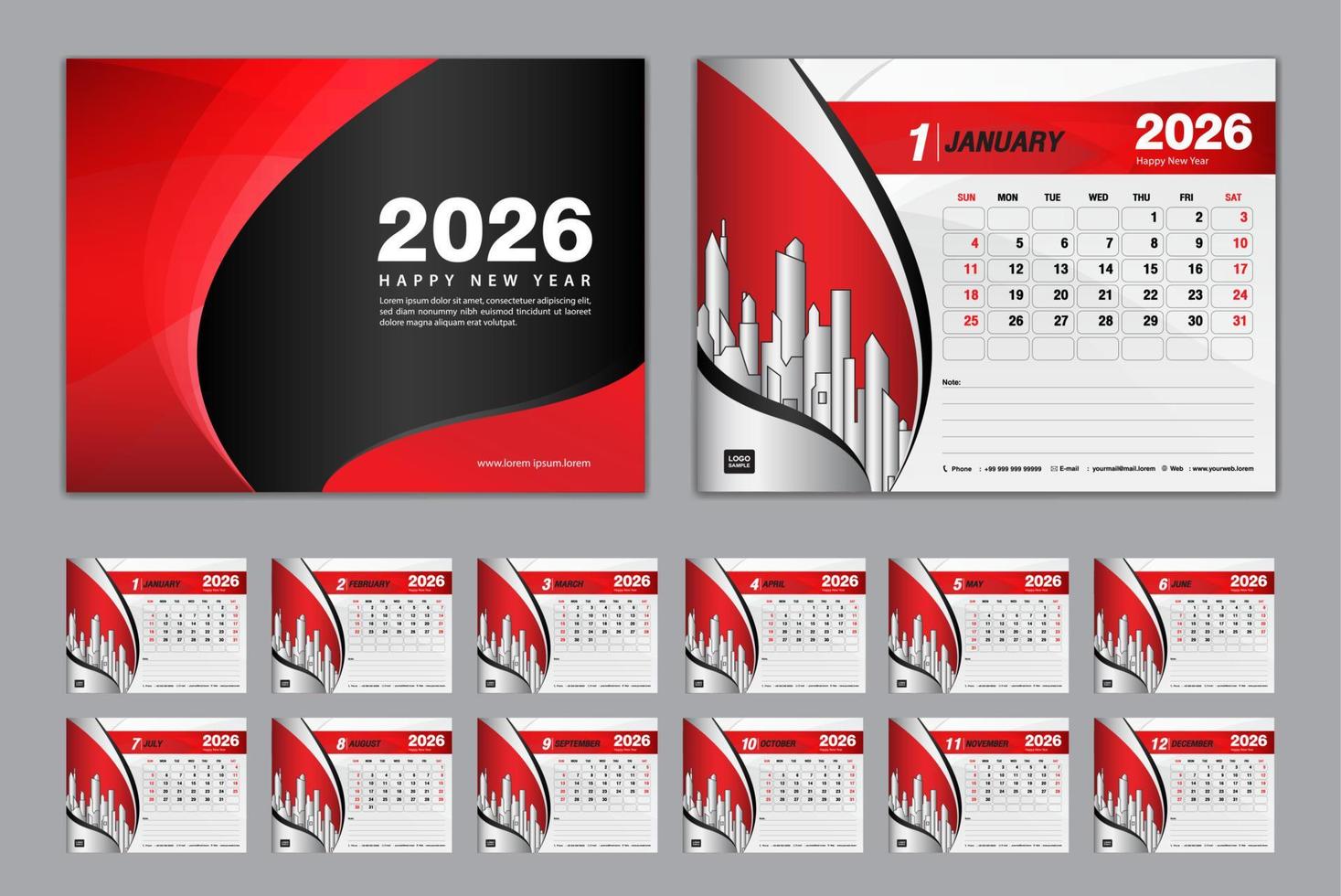 Calendar 2026 template set vector, Week starts Sunday, set of 12 month, Desk calendar 2026 year, wall calendar 2026, planner,  business template, Stationery, printing media, Red creative background vector