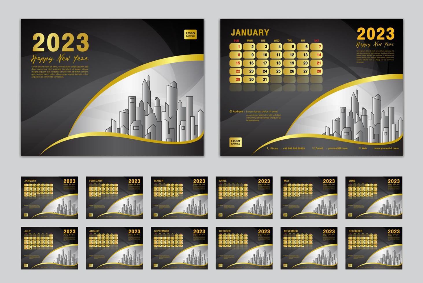 Calendar 2023 template set vector, Week starts Sunday, set of 12 month, Desk calendar 2023 year, wall calendar 2023, planner,  business template, Stationery, printing media, Black creative background vector